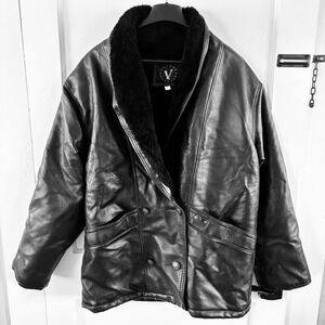 V Original Leather Jacket Large Black Fur Lined Made in Italy Men - Preloved Vtg